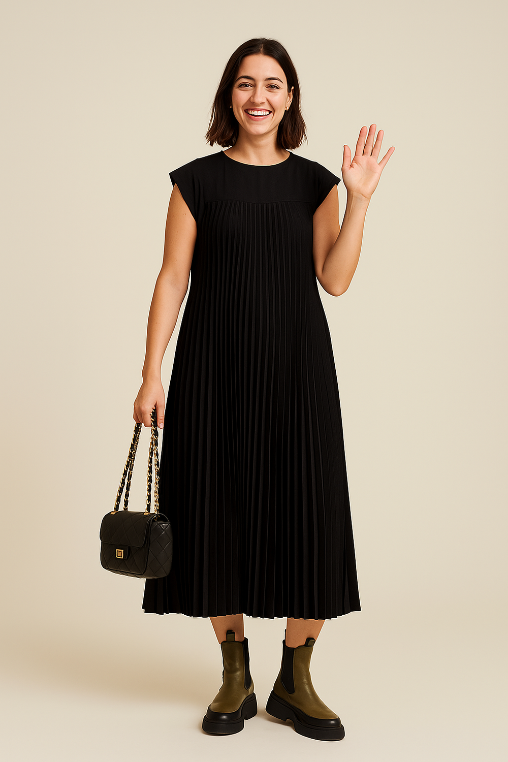 Women's Short Sleeve Pleated Midi Dress