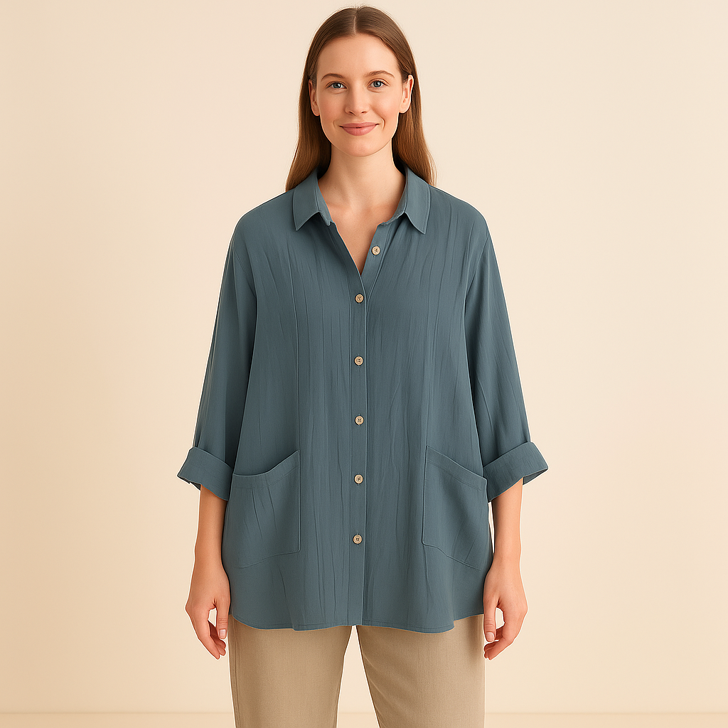 Button-Up Shirt for Women – Roll-Tab Sleeves & Textured Surface