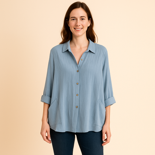 Button-Up Shirt for Women – Roll-Tab Sleeves & Textured Surface
