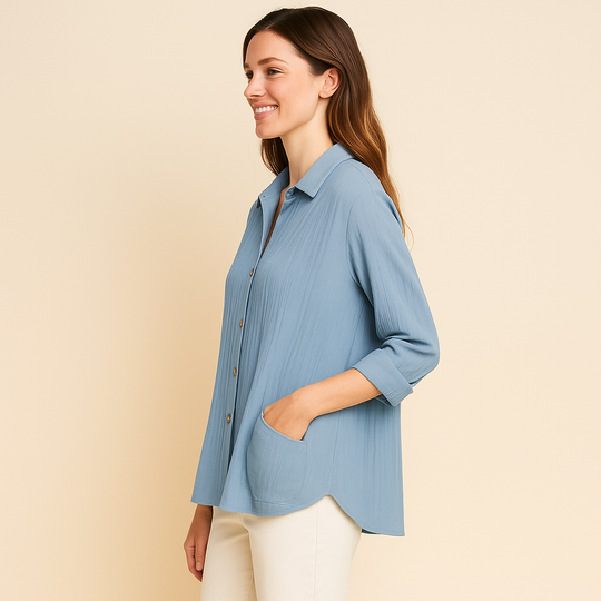 Button-Up Shirt for Women – Roll-Tab Sleeves & Textured Surface