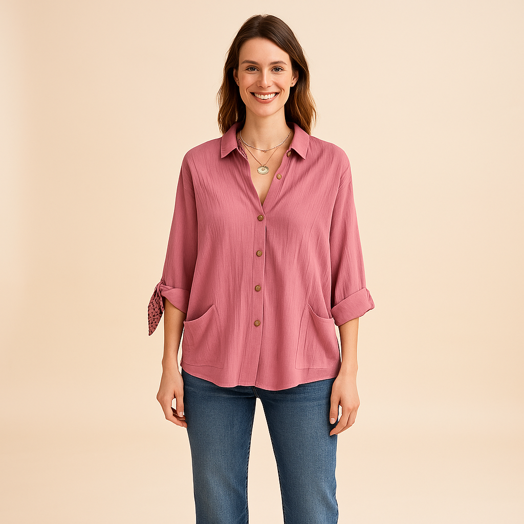 Button-Up Shirt for Women – Roll-Tab Sleeves & Textured Surface