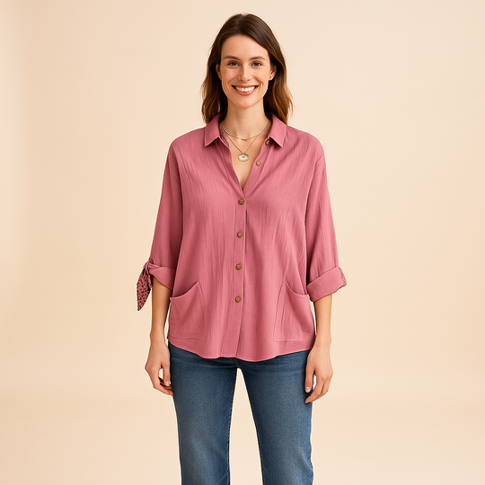 Button-Up Shirt for Women – Roll-Tab Sleeves & Textured Surface