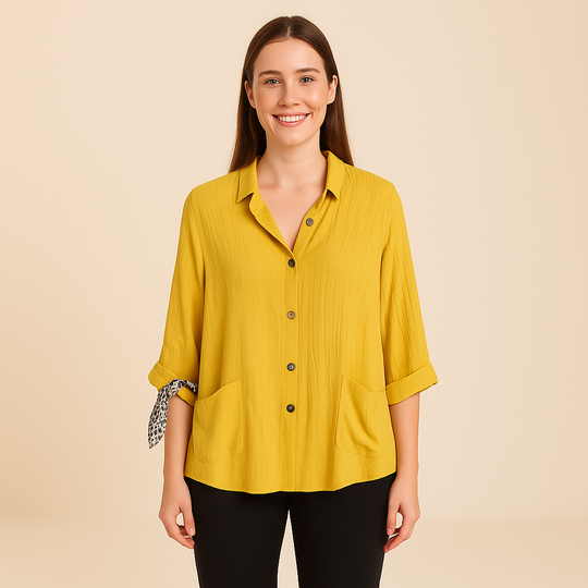 Button-Up Shirt for Women – Roll-Tab Sleeves & Textured Surface