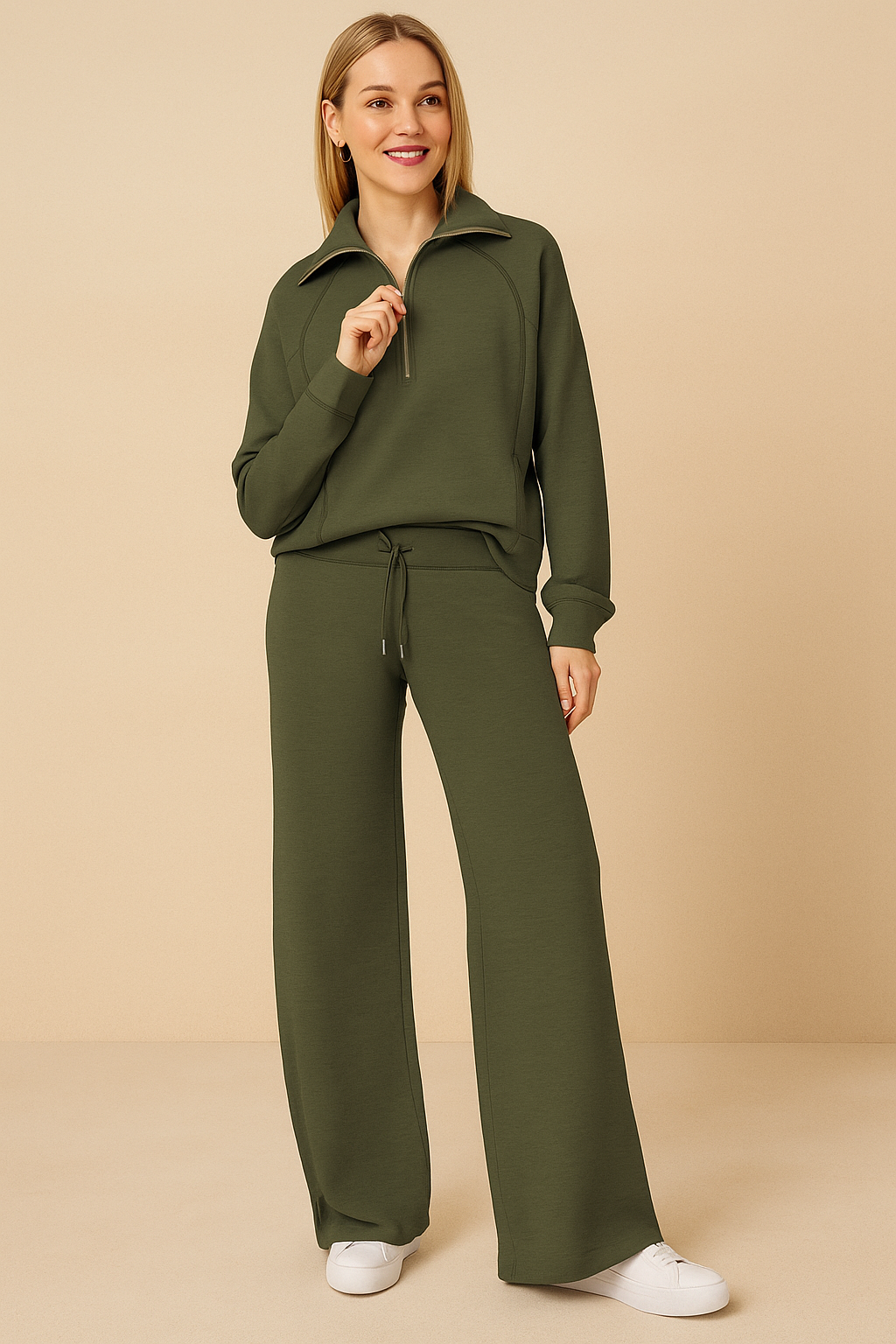 Two-Piece Tracksuit Set for Women – Half-Zip & Wide-Leg Pants