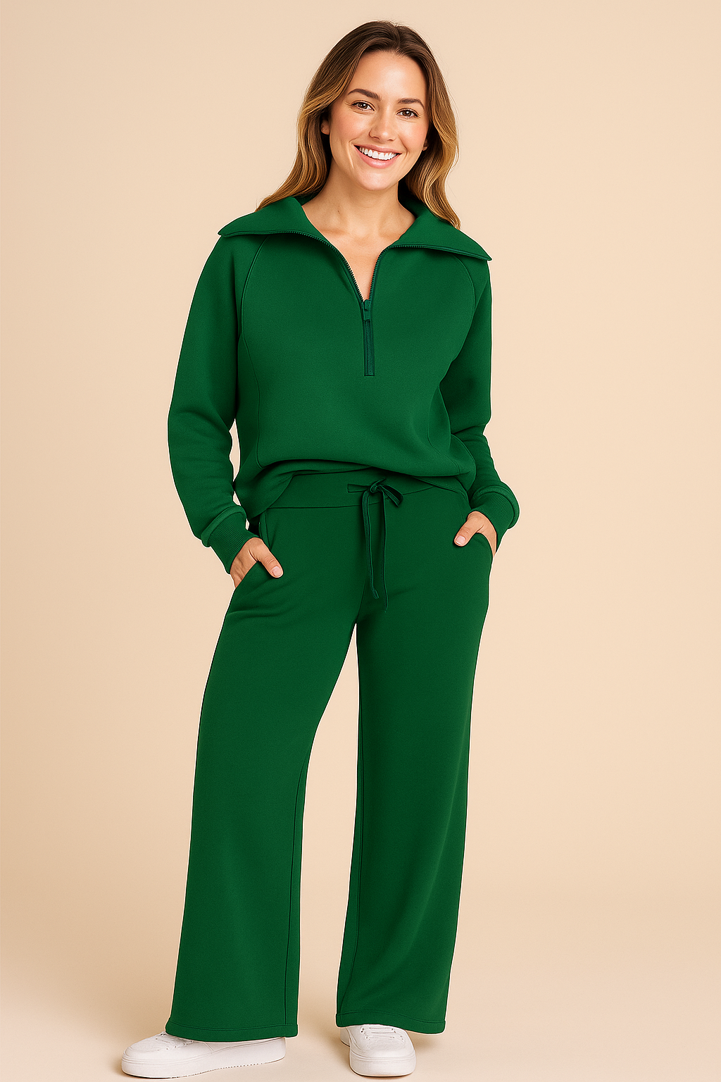 Two-Piece Tracksuit Set for Women – Half-Zip & Wide-Leg Pants