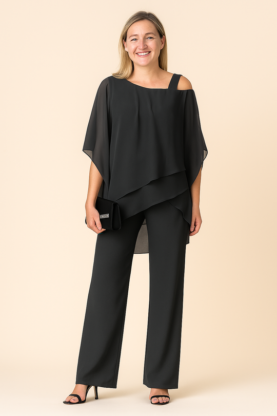 Two-Piece Off-Shoulder Set for Women – Chiffon Blend with Draped Design