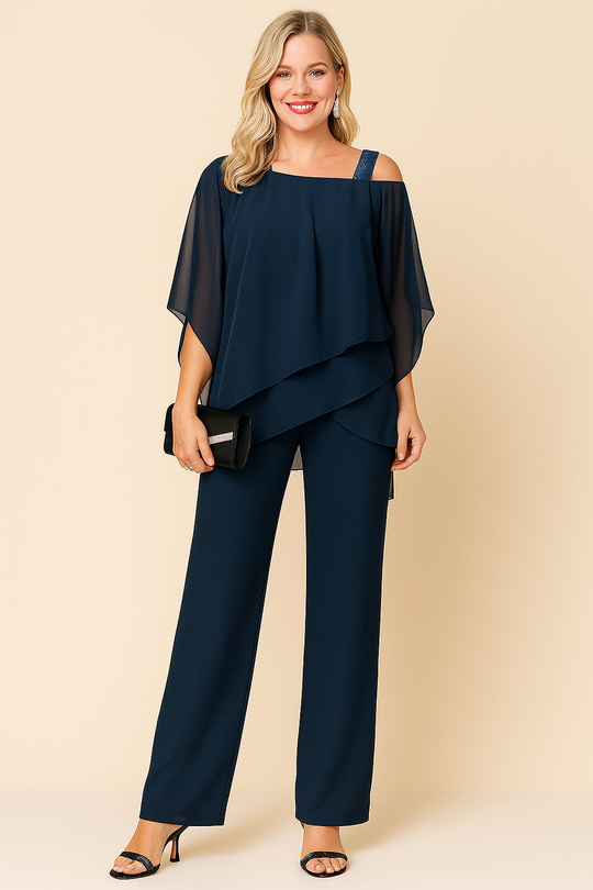 Two-Piece Off-Shoulder Set for Women – Chiffon Blend with Draped Design