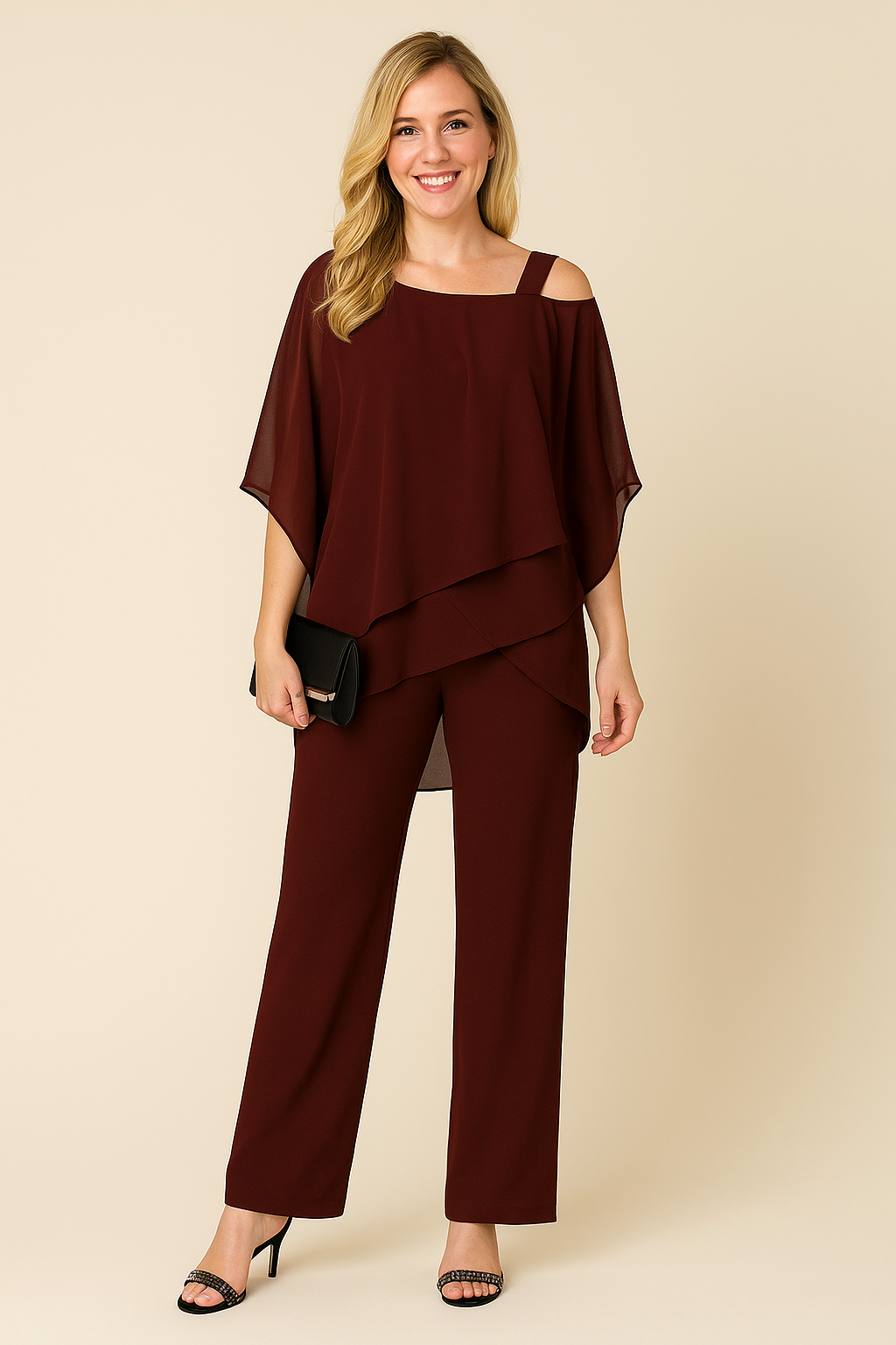 Two-Piece Off-Shoulder Set for Women – Chiffon Blend with Draped Design