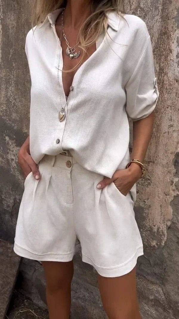 Button-Up Shirt & Shorts Set for Women – Woven Structure & Subtle Surface