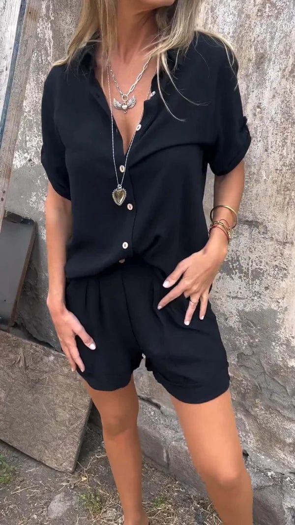 Button-Up Shirt & Shorts Set for Women – Woven Structure & Subtle Surface