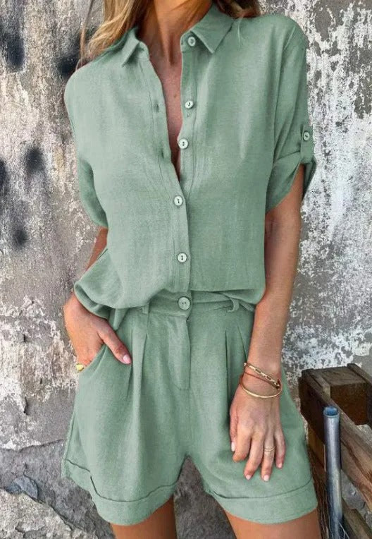 Button-Up Shirt & Shorts Set for Women – Woven Structure & Subtle Surface