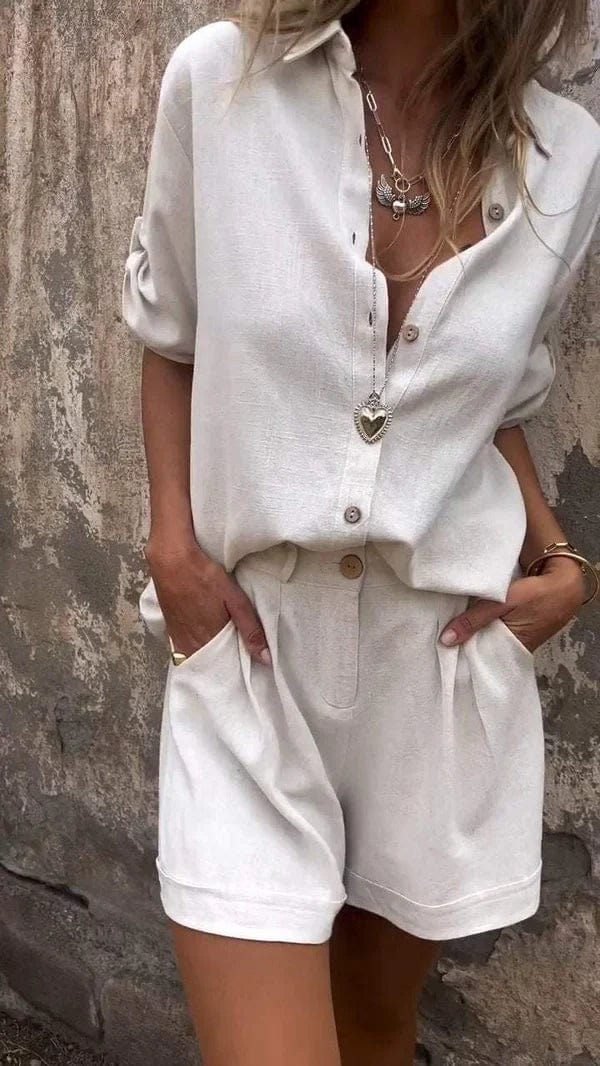 Button-Up Shirt & Shorts Set for Women – Woven Structure & Subtle Surface