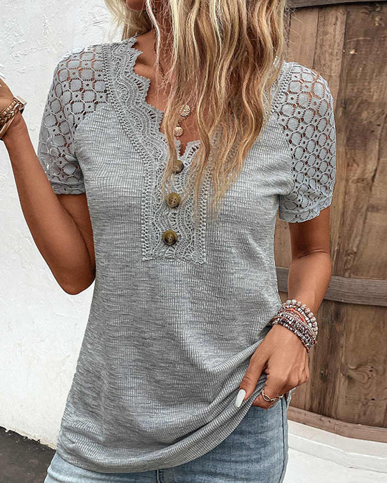 Lace-Accent Short-Sleeve Top Women – Textured Knit & Scalloped V‑Neck