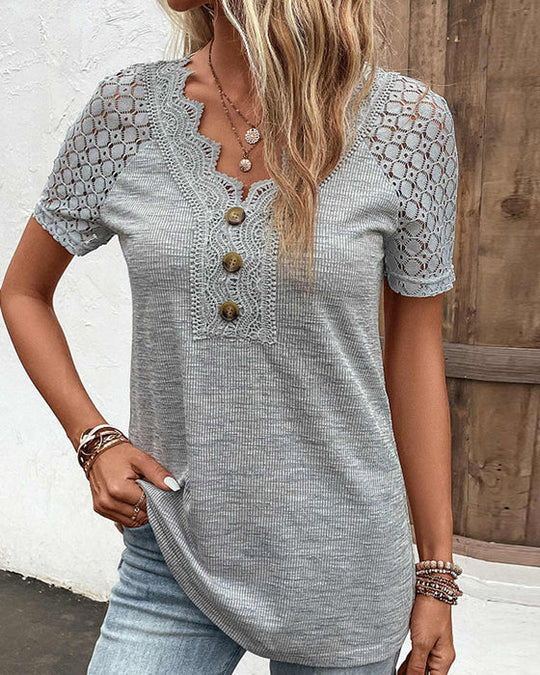 Lace-Accent Short-Sleeve Top Women – Textured Knit & Scalloped V‑Neck