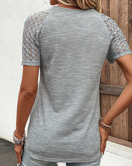 Lace-Accent Short-Sleeve Top Women – Textured Knit & Scalloped V‑Neck