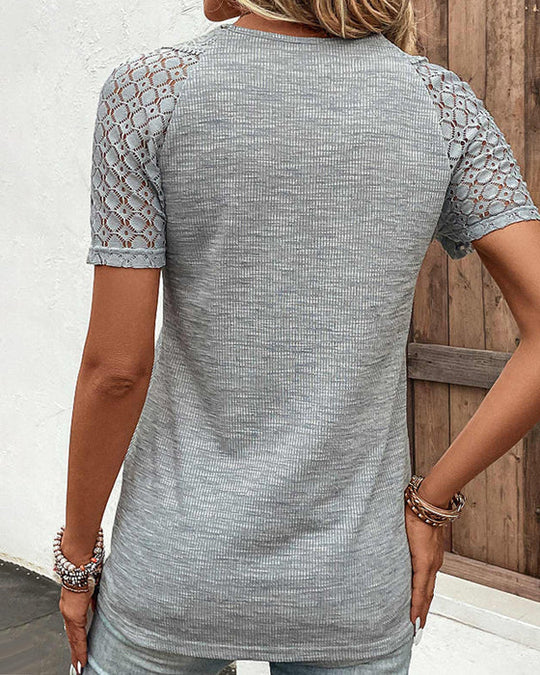 Lace-Accent Short-Sleeve Top Women – Textured Knit & Scalloped V‑Neck