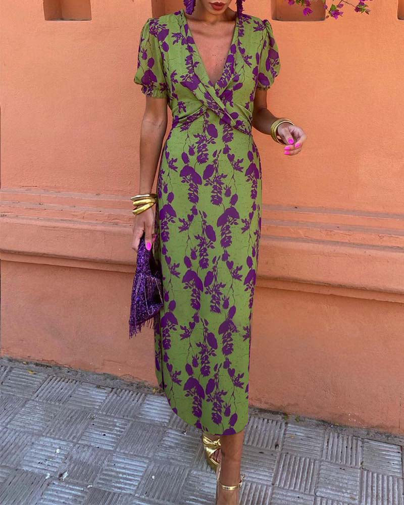Wrap Midi Dress Women - Puff Sleeves with Floral Print
