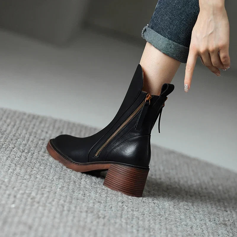 Zip-Up Ankle Boots with Block Heel for Women