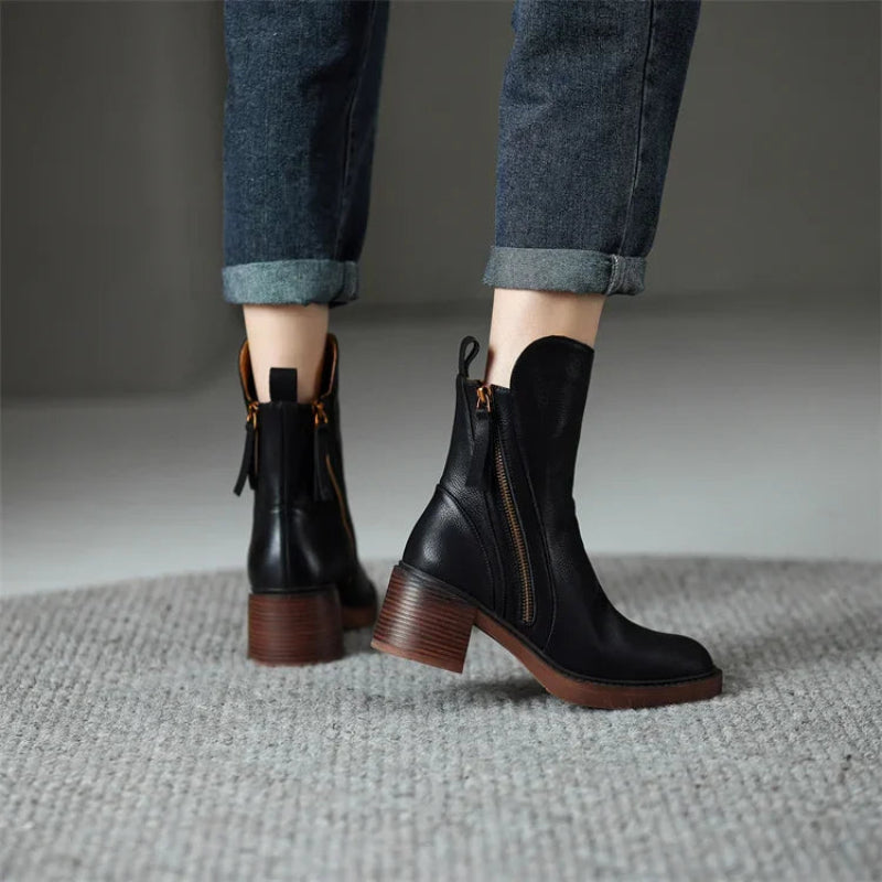 Zip-Up Ankle Boots with Block Heel for Women