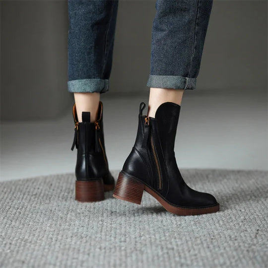 Zip-Up Ankle Boots with Block Heel for Women