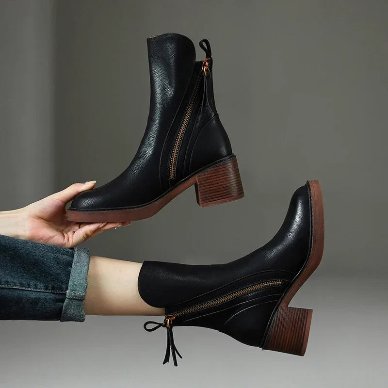 Zip-Up Ankle Boots with Block Heel for Women