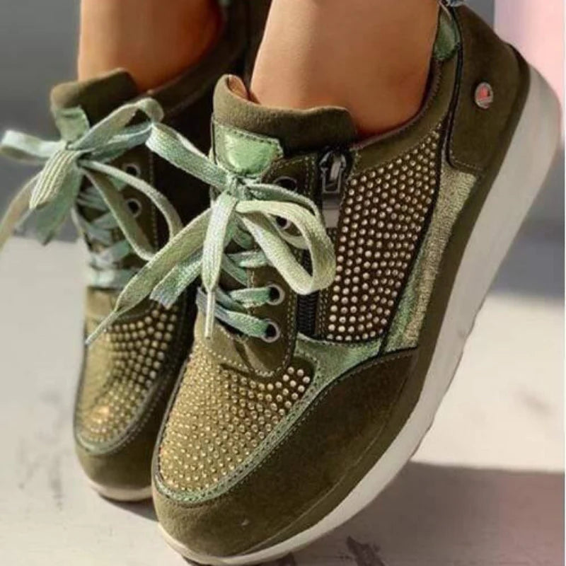 Lace-Up Sneakers - Textured Upper & Side Zipper | Women
