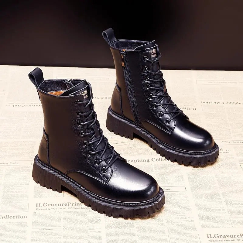 Allin | Black Leather Winter Boots For Women