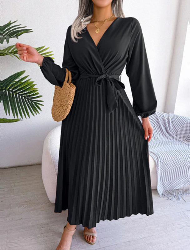 Wrap Midi Dress Women – Pleated Skirt & Waist Tie