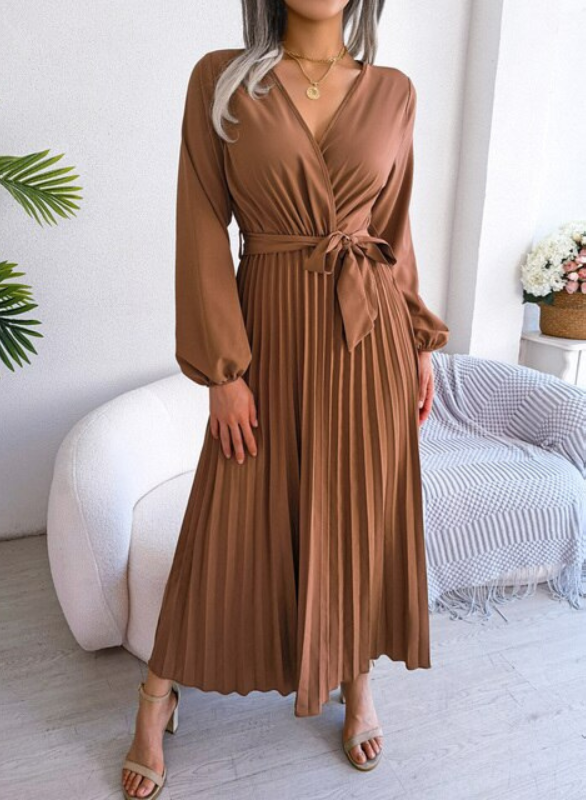 Wrap Midi Dress Women – Pleated Skirt & Waist Tie