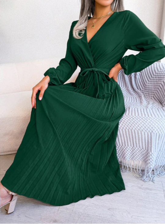 Wrap Midi Dress Women – Pleated Skirt & Waist Tie
