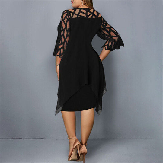 Women’s Plus Size Midi Dress – Patterned Sleeves & Contoured Fit