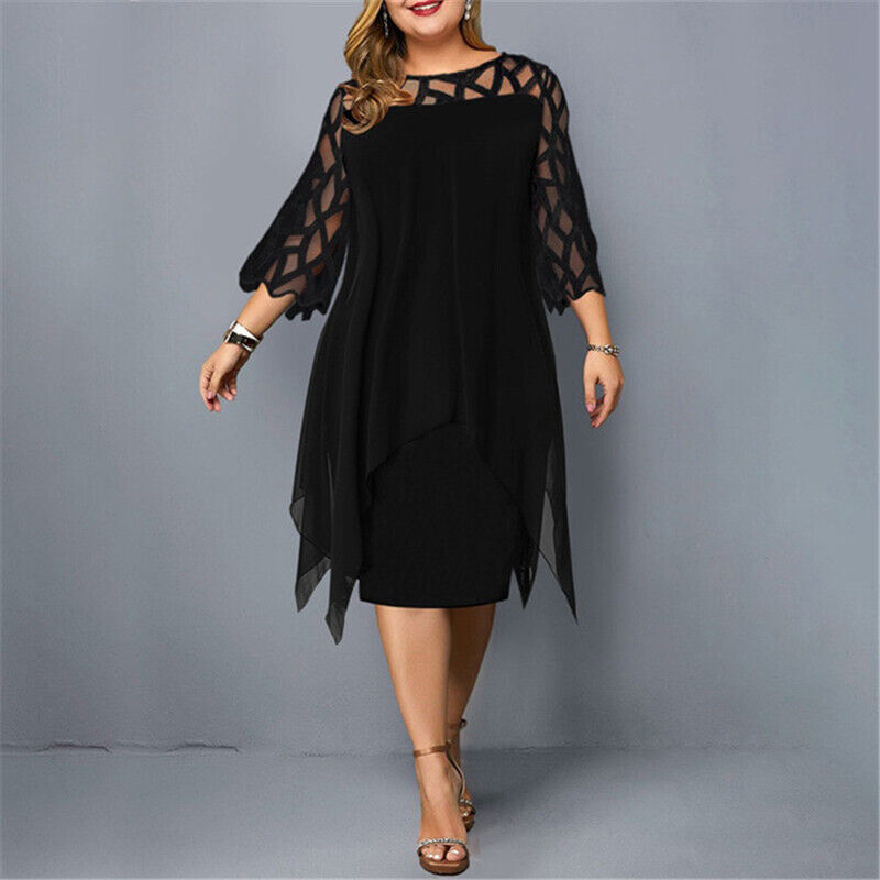 Women’s Plus Size Midi Dress – Patterned Sleeves & Contoured Fit